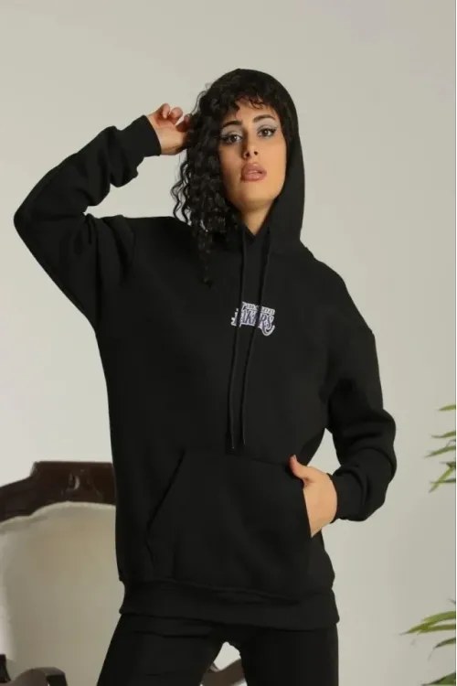 Baskılı Oversize Üç İplik Kapüşonlu Sweatshirt - Siyah