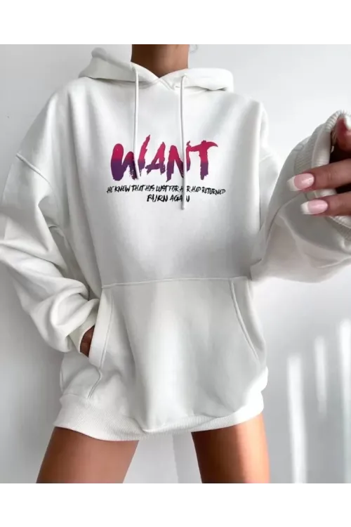 Baskılı Üç İplik Kapüşonlu Oversize Sweatshirt - Beyaz