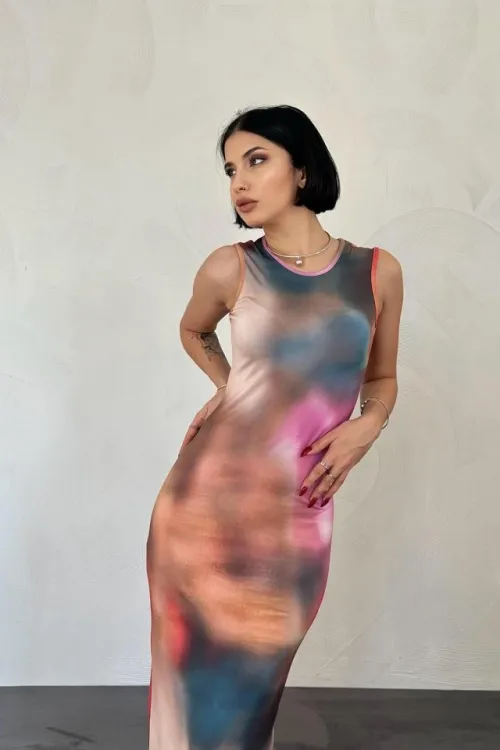 Bej Batik Desenli Elbise