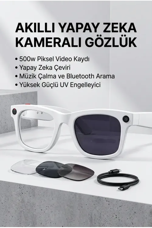 Beyaz Aı Akıllı Gözlük No 20 Kameralı Bluetooth Bluetooth Müzik Telefon Görüşmesi Ve Hızlı Şarjlı