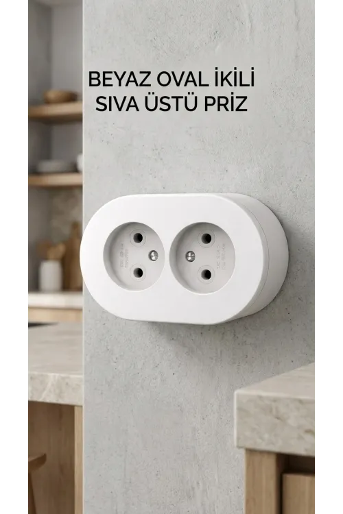 Beyaz Çift Girişli Topraklı Sıva Üstü Elektrik Prizi, Modern Tasarım