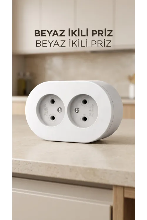 Beyaz Çift Girişli Topraklı Sıva Üstü Priz, Dekoratif Duvar Elektrik Ünitesi