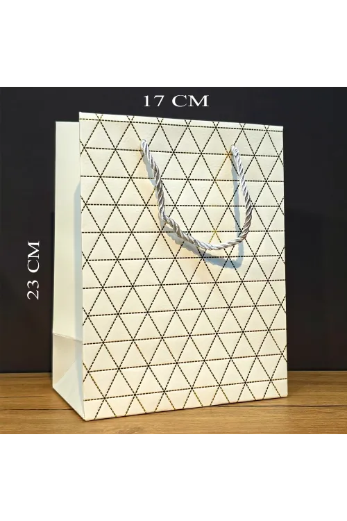 Beyaz Geometrik Desenli Orta Boy Karton Hediye Çantası
