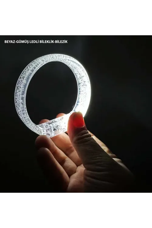Beyaz-gümüş Led Işıklı Baskı Yapılabilen Pilli Bileklik Bilezik 1,5 Cm Genişlik