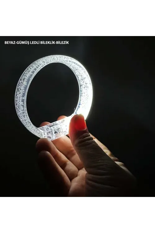 Beyaz-Gümüş Led Işıklı Baskı Yapılabilen Pilli Bileklik Bilezik 1,5 cm Genişlik