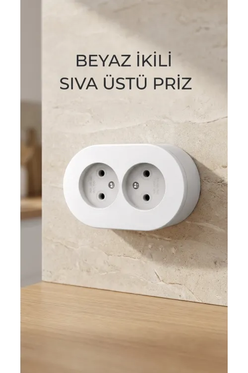 Beyaz İkili Sıva Üstü Dekoratif Topraklı Elektrik Prizi