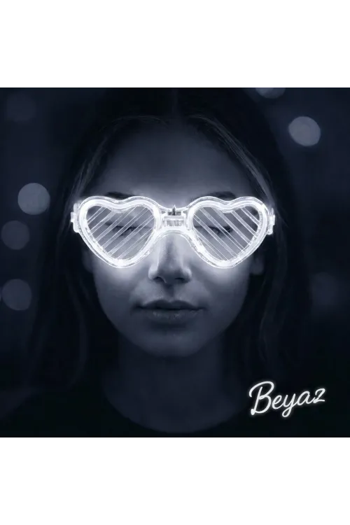 Beyaz LED Işıklı Kalp Gözlük – 3 Modlu Parti & Glow Gözlüğü