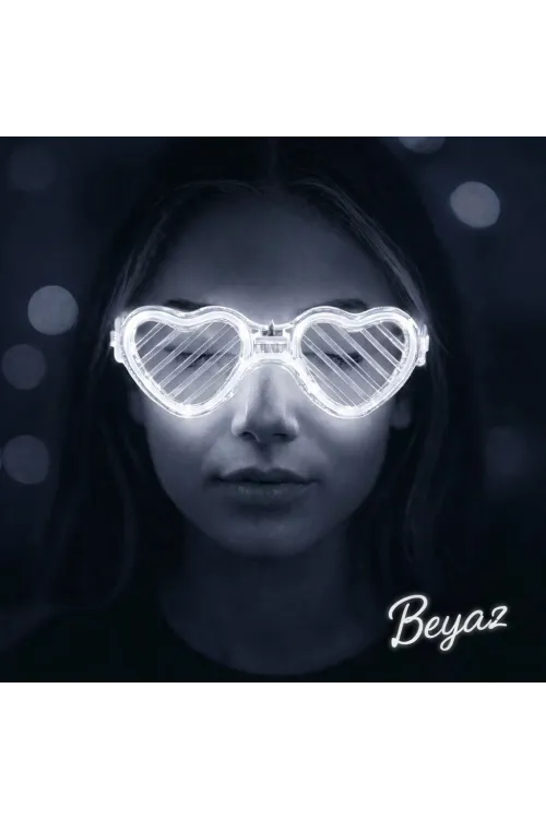 Beyaz Led Işıklı Kalp Gözlük – 3 Modlu Parti  Glow Gözlüğü