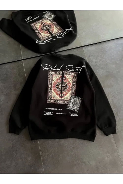 Bisiklet Yaka Baskılı SweatShirt - Siyah