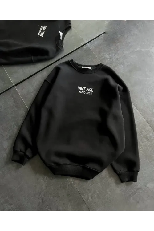 Bisiklet Yaka Üç İplik Baskılı Oversize SweatShirt - Siyah
