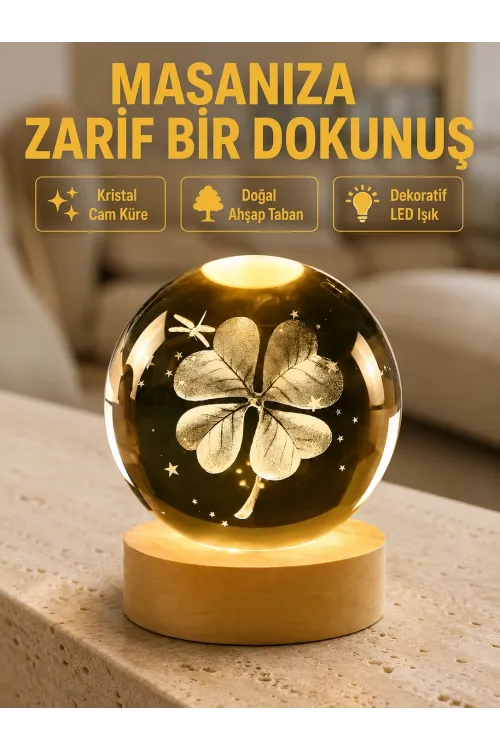 Bitki Temalı Led Işıklı Cam Küre Ahşap Standlı Modern Gece Lambası