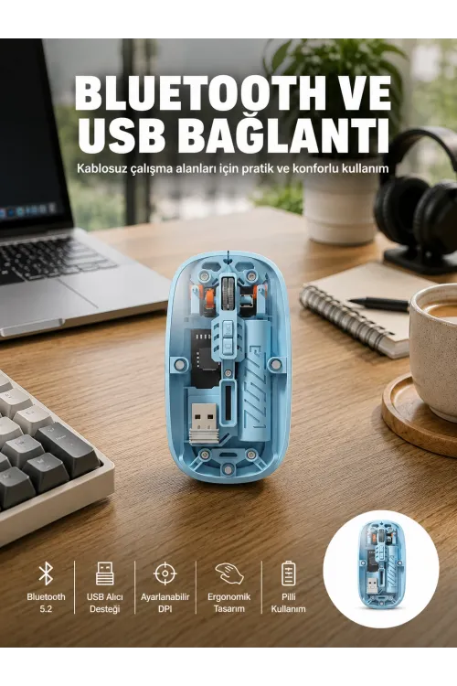 Bluetooth 5.2 Destekli Mavi Pilli Kablosuz Mouse Yeni Nesil