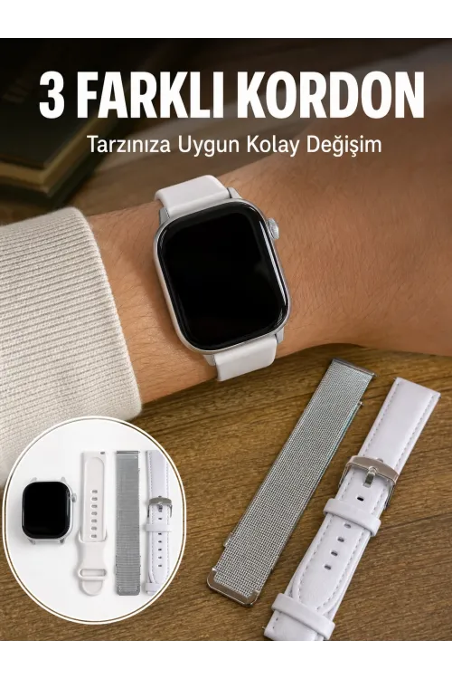 Bluetooth Görüşmeli Dokunmatik Akıllı Saat 3 Farklı Kordon Seçeneği
