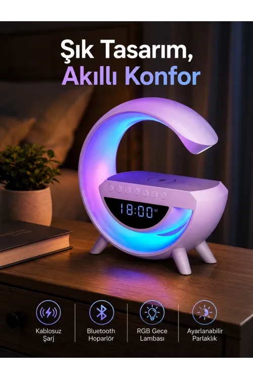 Bluetooth Hoparlör 15w Kablosuz Hızlı Şarj Led Gece Lambası