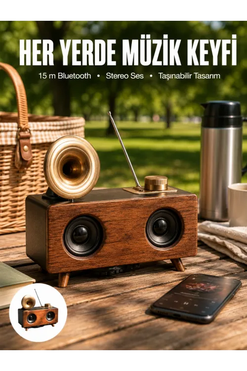Bluetooth Hoparlör Ahşap Klasik Retro Gramofon Bluetooth Müzik Kutusu