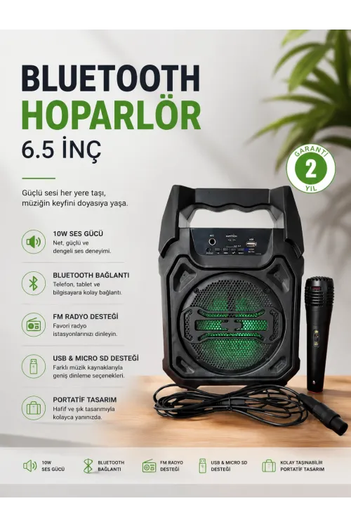 Bluetooth Hoparlör Mikrofonlu Taşınabilir Ses Sistemi Fm Radyo, Usb, Sd Kart Ve Tws Özellikli