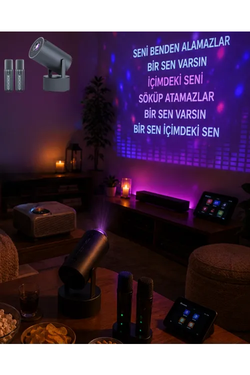 Bluetooth Hoparlörlü Akıllı Projektör Kablosuz Karaoke Mikrofonlu