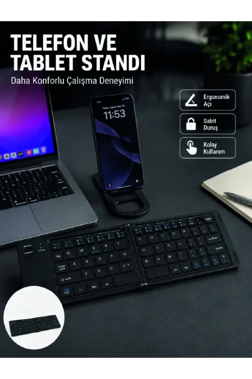 Bluetooth Katlanabilir Klavye Usb-c Şarjlı 3 Cihaz Bağlantılı Taşınabilir Klavye