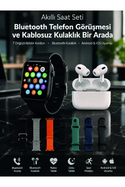 Bluetooth Telefon Görüşmeli Akıllı Saat Seti Kablosuz Bluetooth Kulaklık 7 Değiştirilebilir Kordon