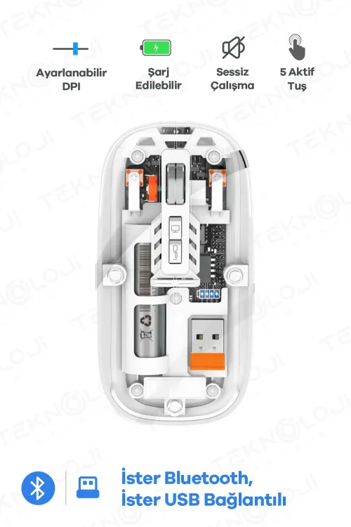 Bluetooth USB Çift Modlu Sessiz Mouse, Şeffaf Mıknatıslı Kapaklı, TypeC Şarjlı, DPI Ayarlı, Kablosuz 10m Çekim Mesafeli, Masaüstü Kısayol Tuşlu, Taşınabilir Şarjlı Mouse Beyaz