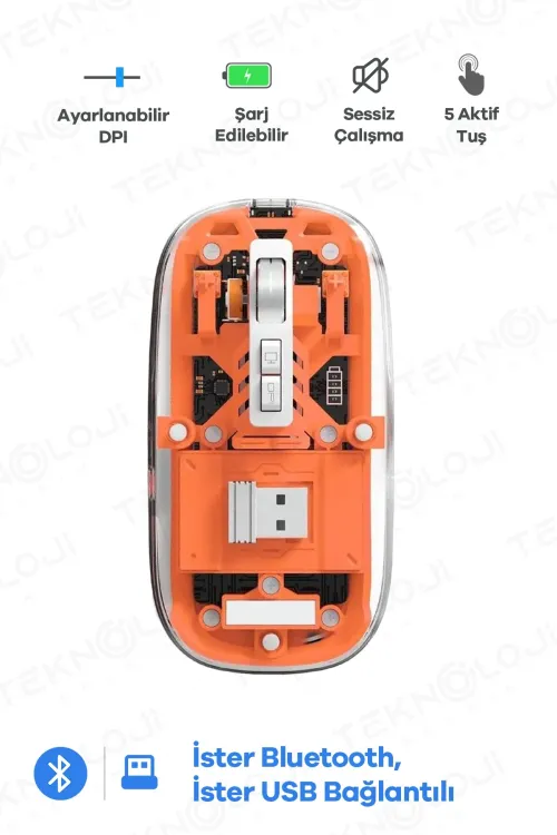 Bluetooth USB Çift Modlu Sessiz Mouse, Şeffaf Mıknatıslı Kapaklı, TypeC Şarjlı, DPI Ayarlı, Kablosuz 10m Çekim Mesafeli, Masaüstü Kısayol Tuşlu, Taşınabilir Şarjlı Mouse Turuncu