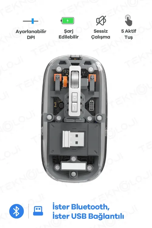 Bluetooth USB Çift Modlu Sessiz Mouse, Şeffaf Mıknatıslı Kapaklı, TypeC Şarjlı, DPI Ayarlı, Kablosuz 10m Çekim Mesafeli, Masaüstü Kısayol Tuşlu, Taşınabilir Şarjlı Mouse Siyah