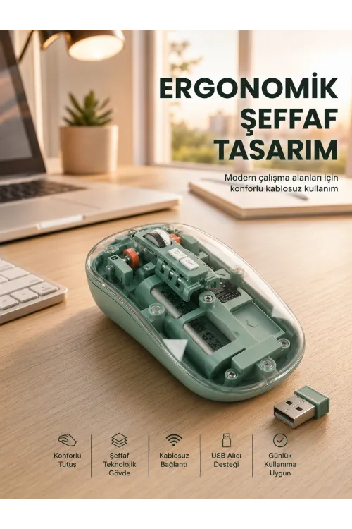 Bluetooth Ve 2.4g Usb Destekli Pilli Kablosuz Şeffaf Mouse Yeni Nesil