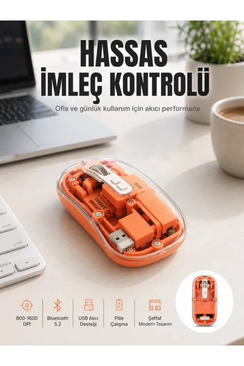 Bluetooth Ve Usb Destekli Kablosuz Şeffaf Mouse Sessiz Kullanım Yeni Nesil