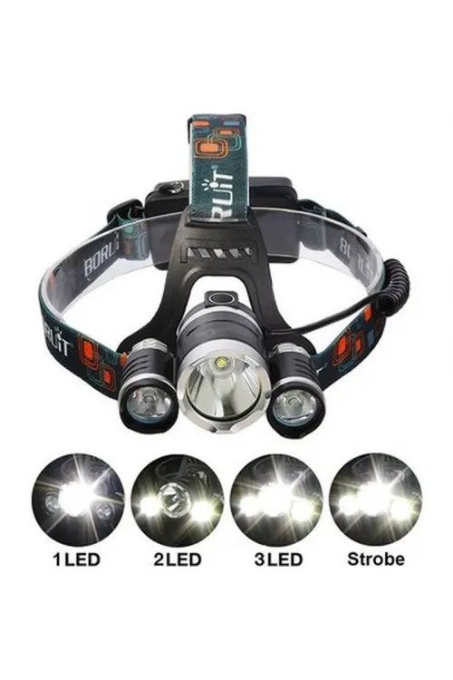 Boruit T6 Kafa Feneri 5000 Lumens 3Xcree Xm-T6+2R5 Lamba Led Kamp Lambası