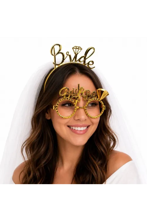 Bride Yazılı Gold Taç ve Parti Gözlüğü Seti