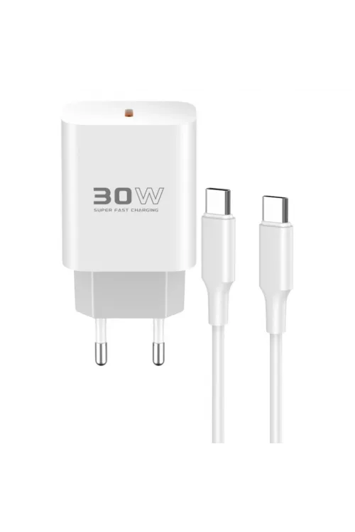 C87c 30w Type-c Çıkışlı Ekstra Dl51 1m Type-c To Type-c Kablolu Pd Şarj Cihazı - Beyaz