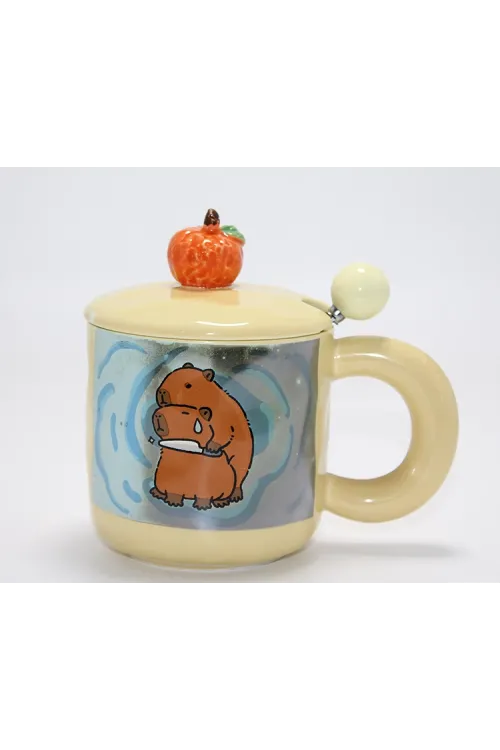 Capybara Desenli Kapaklı Kaşıklı Porselen Kupa Bardak
