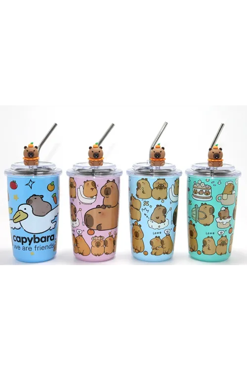 Capybara Figürlü Isı Muhafazalı Metal Pipetli Paslanmaz Çelik Kupa
