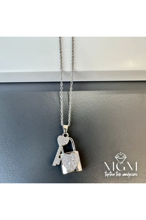 Çelik Zirkon Taşlı Anahtar Kilit Kolye - Kl0157