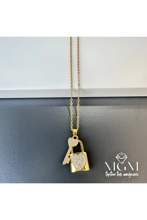 Çelik Zirkon Taşlı Anahtar Kilit Kolye - Kl0158