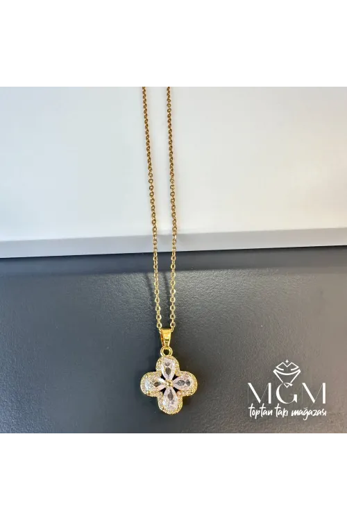 Çelik Zirkon Taşlı Yonca Kolye - Kl0112
