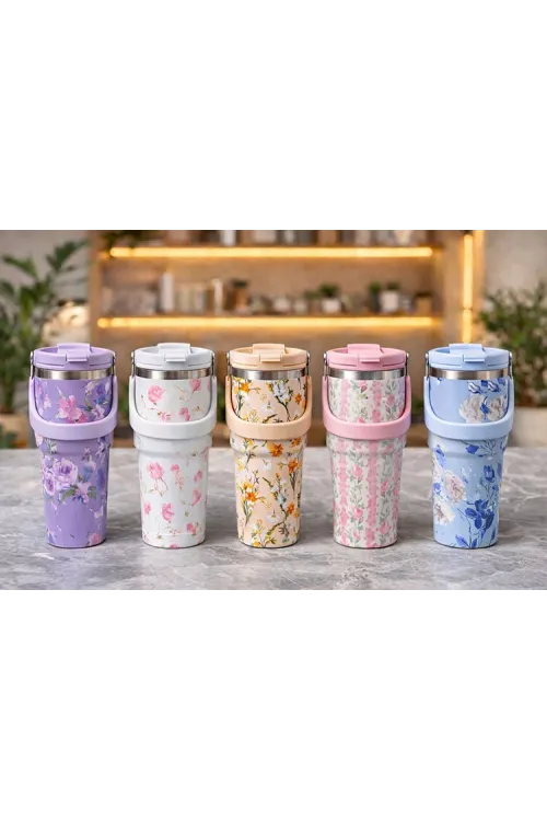 Çiçek Desenli 900 ml Taşıma Kulplu Paslanmaz Çelik Termos Mug Bardak
