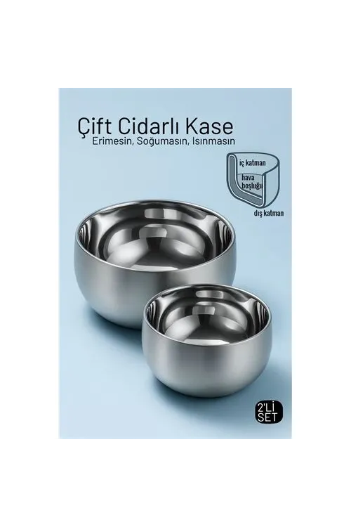 Çift Cidarlı Isı Yalıtımlı 2’li Lüks Kase Seti (16cm & 18cm) Premium 304 Paslanmaz Çelik