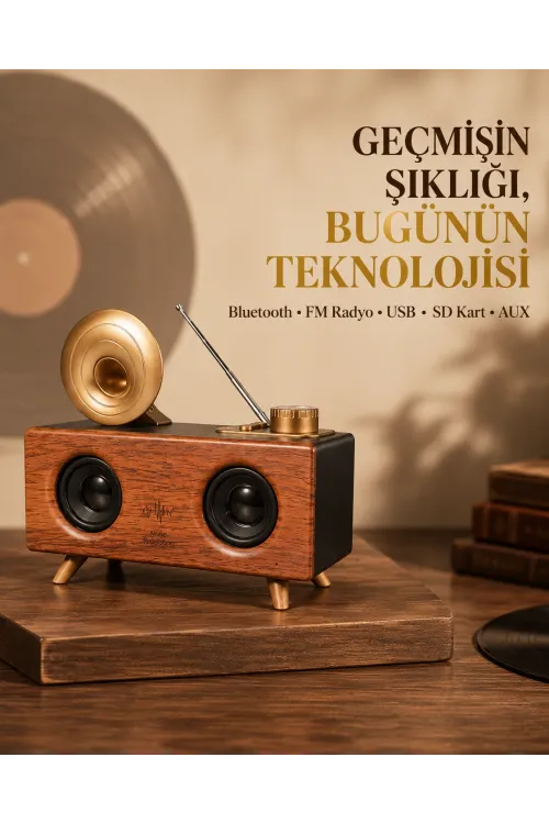 Çift Hoparlörlü Retro Bluetooth Speaker 1800mah Bataryalı Aux Usb Sd Kartlı
