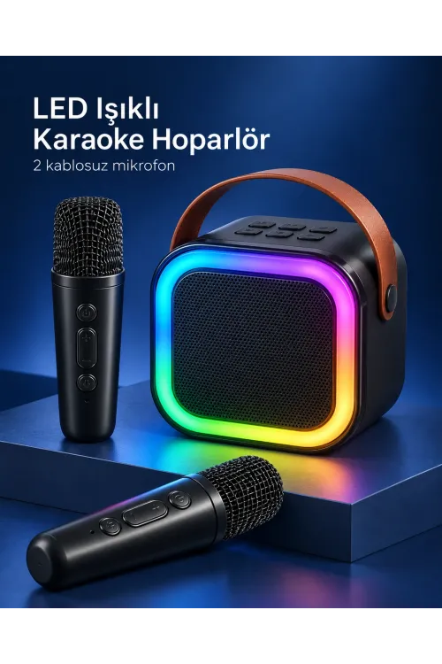 Çift Kablosuz Mikrofonlu LED Işıklı Bluetooth Karaoke Hoparlör Seti