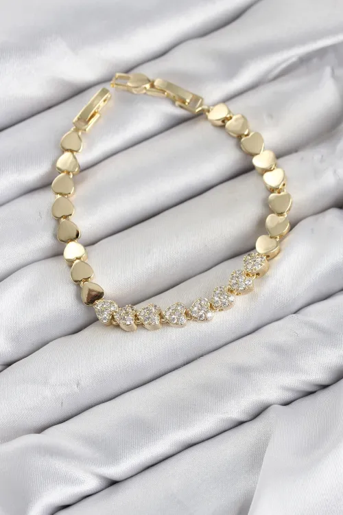CM Kalp Model Zirkon Taşlı VIP Seri Gold Renk Pirinç Kadın Bileklik