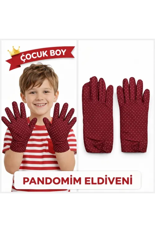 Çocuk Boy Pandomim Eldiveni Beyaz Puantiyeli Bordo Renk Gösteri Eldiveni 23 Nisan 19 Mayıs