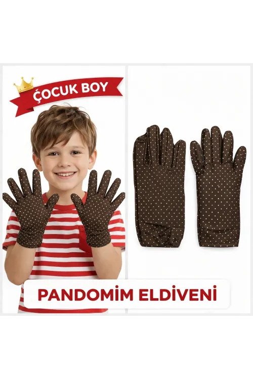 Çocuk Boy Pandomim Eldiveni Beyaz Puantiyeli Kahve Renk Gösteri Eldiveni 23 Nisan 19 Mayıs