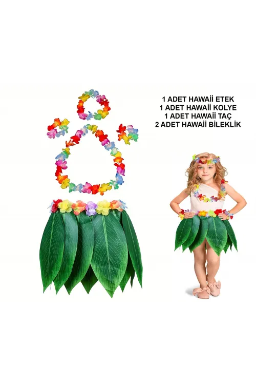Çocuk Hawaii Kostüm Seti - Yaprak Etek & Hawaii Set - 5 Parça