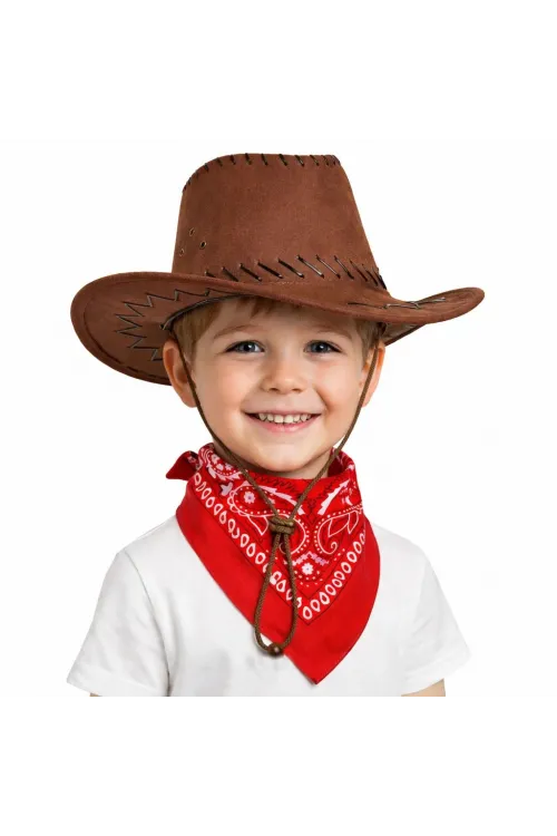 Çocuk Kovboy Şapka Kahverengi  Kırmızı Bandana Seti