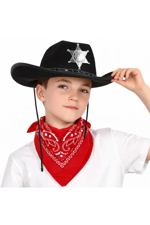 Çocuk Kovboy Şapka Rozetli Siyah  Kırmızı Bandana Seti