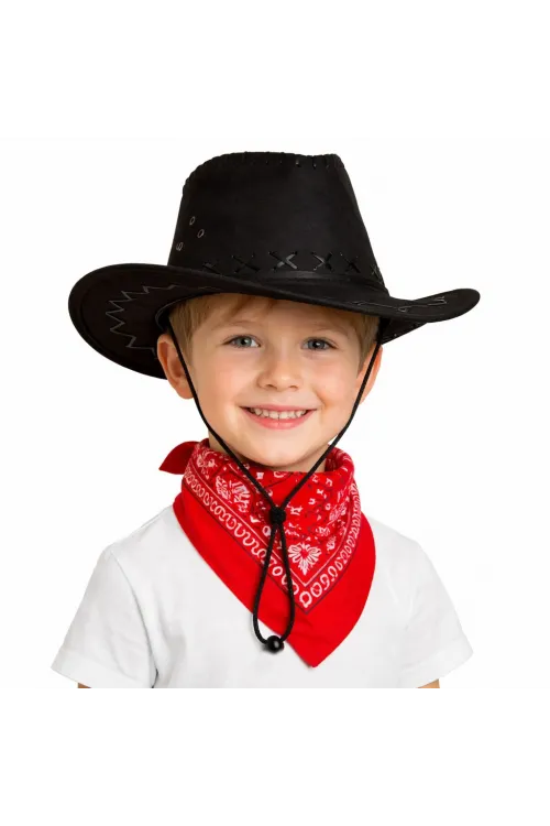 Çocuk Kovboy Şapka Siyah & Kırmızı Bandana Fular Seti