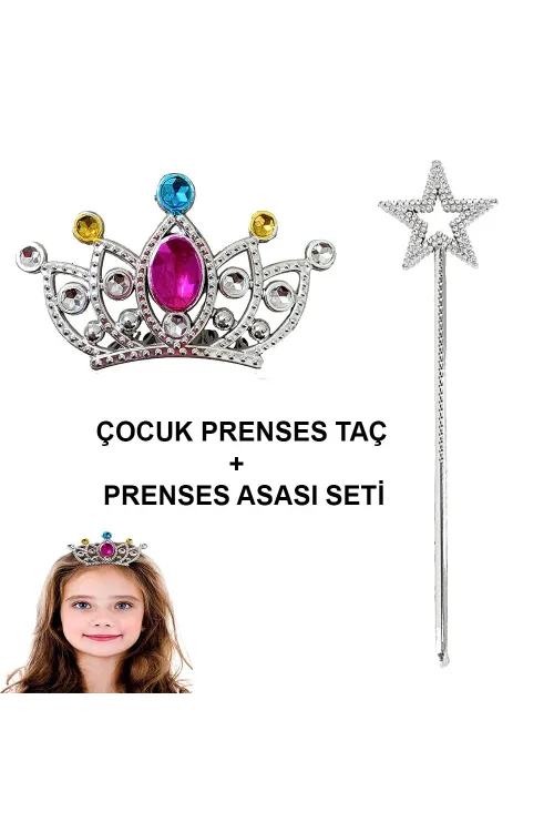 Çocuklar İçin Taraklı Prenses Tacı ve Prenses Yıldız Asa Seti Gümüş