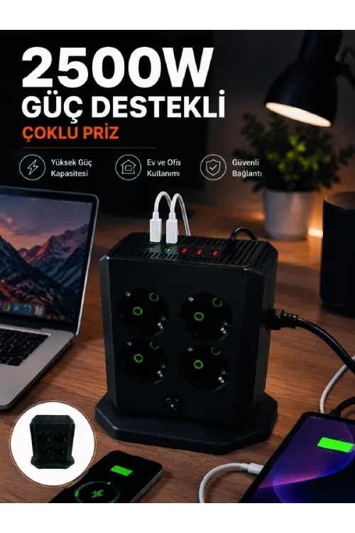 Çoklu Priz 8 Çıkışlı 4 Usb 2 Type-c Anahtarlı Dikey Priz Kulesi