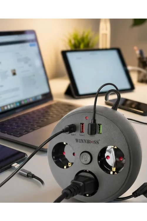 Çoklu Priz Akım Koruma 3 Soket 3 Usb Type C Hızlı Şarj 2m Uzatma Kablosu